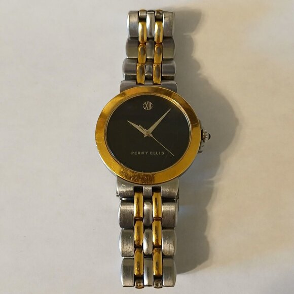 Vintage Perry Ellis Men's Gold & Silver Tone Stainless Steel Watch Japan WR 3ATM - Picture 1 of 11